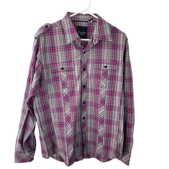 Civil Society Men's Pink/Purple/Gray Plaid Button Up Shirt Shoulder Tabs Size L - Picture 1 of 9